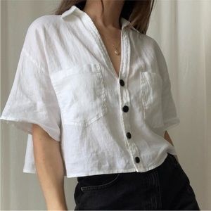 Zara Linen Button Down Crop Top, White, Size Large